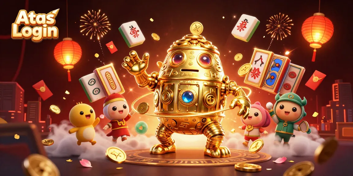 Immerse in Atas Login with a vibrant, dynamic casino scene featuring a golden golem and festive gaming elements.