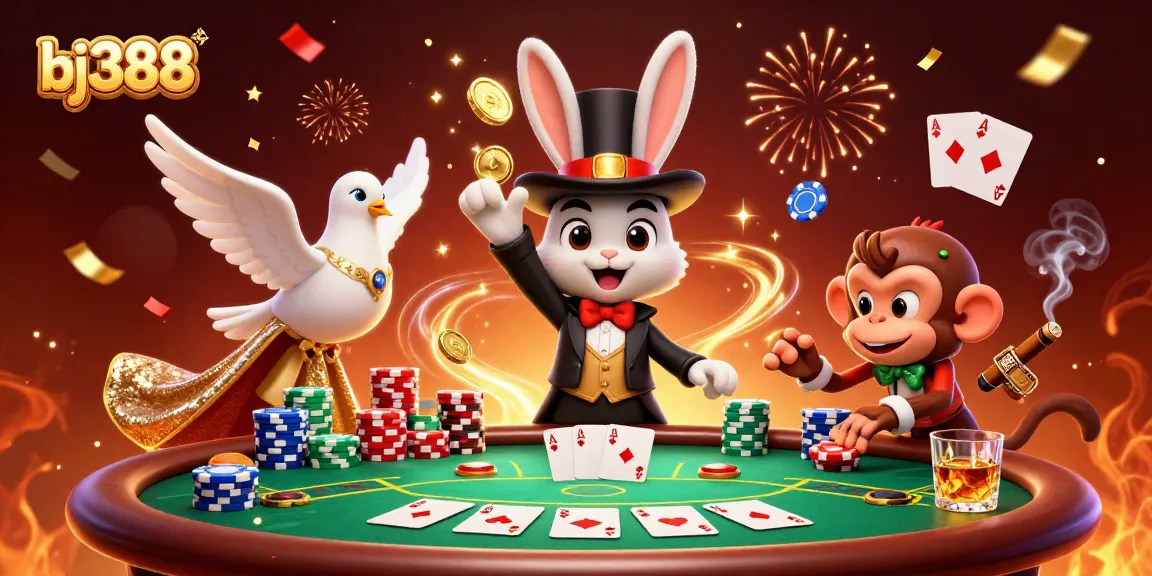 Experience the excitement at bj388 with a magician rabbit, dove, and monkey in a vibrant casino setting.