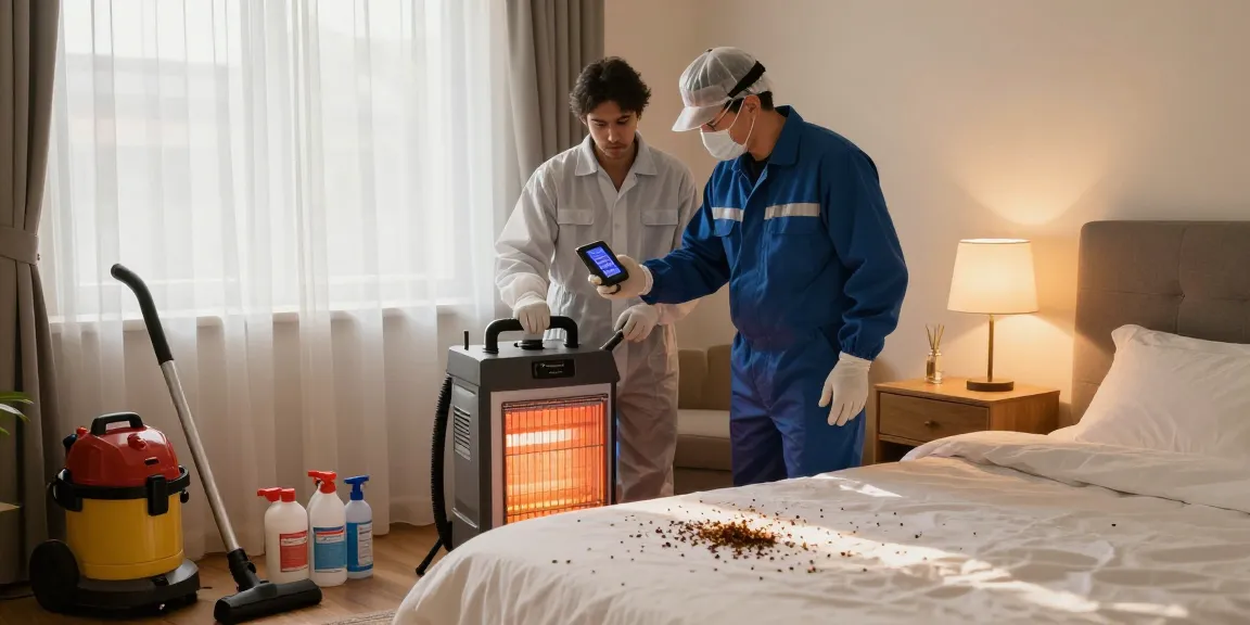 Bed bug heat treatment being applied by a professional exterminator in a cozy bedroom, showcasing tools and safety measures.