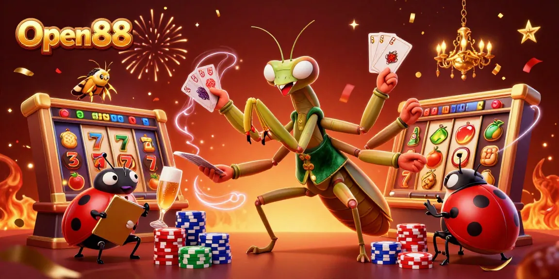 Experience winning excitement at Open88 with vibrant casino illustration featuring dynamic games and rich colors.