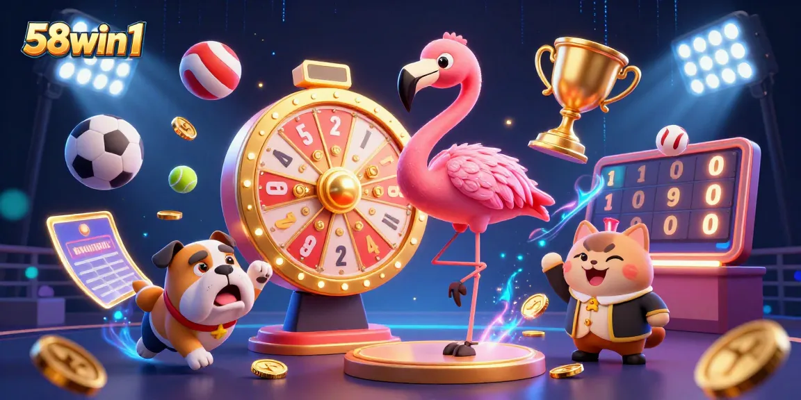 Exciting 58win1 scene with a game show host flamingo and a bulldog contestant in a dynamic casino setting.