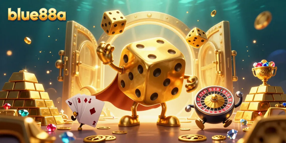Spin and win with blue88a's vibrant casino scene featuring golden dice and treasures.