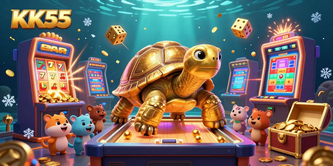 Engage with KK55's vibrant online gaming experience featuring a colossal tortoise and exciting jackpot elements.
