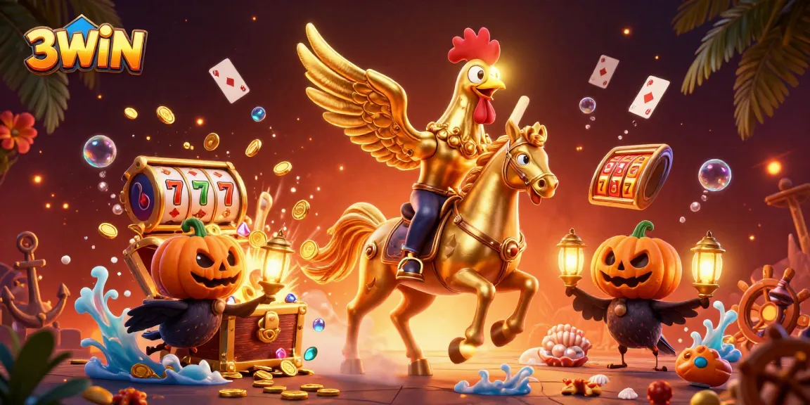 Experience the excitement at 3WIN with immersive slot games and captivating casino elements in this vibrant illustration.