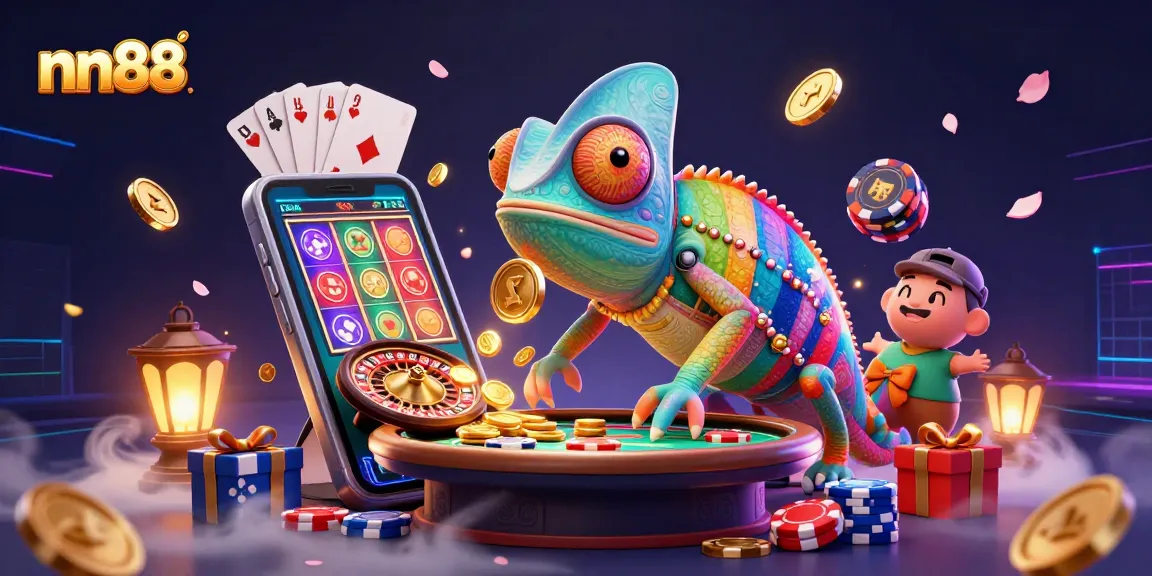 Experience exciting wins with nn88 as a colorful chameleon snaps up golden coins in vibrant casino scene.