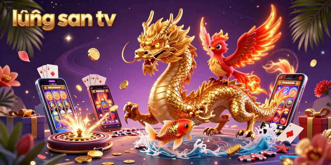 Experience the excitement of lương sơn tv, where a golden dragon flies through a vibrant casino scene filled with coins and games.