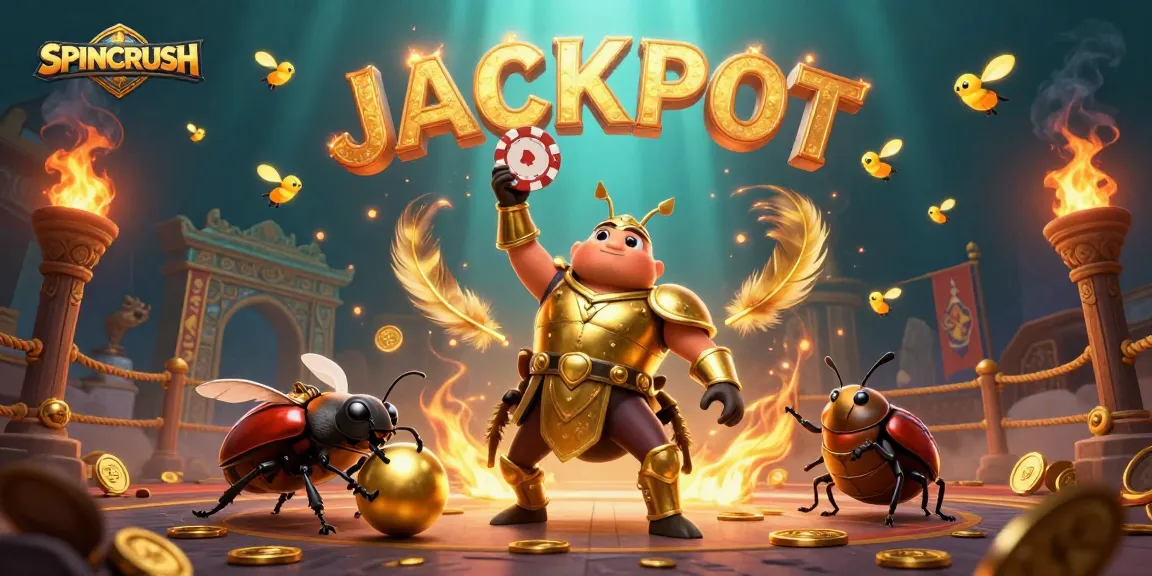 Experience a thrilling jackpot moment in SPINCRUSH with a heroic beetle lifting a poker chip.