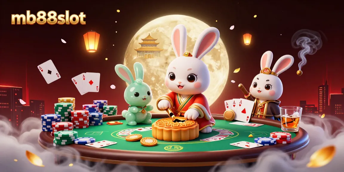 Engage with mb88slot as the moon rabbit reveals poker chips from mooncakes, amidst vibrant casino elements.