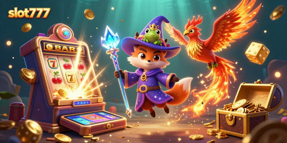Explore thrilling slot777 jackpots with a whimsical wizard, phoenix, and enchanted frog illustration.