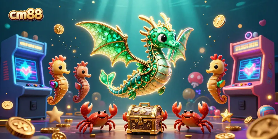 Experience thrilling gameplay at cm88 with a vibrant 3D casino-themed illustration featuring sea dragons and arcade machines.