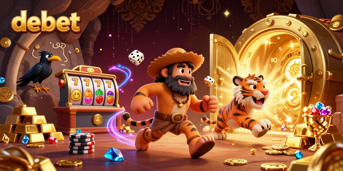 Engage in the debet prehistoric casino experience with a caveman duo, slot reels, and dynamic gold treasures.