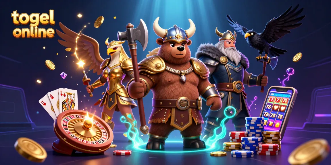 Togel online dengan beruang Viking bertarung dan elang Valkyrie, dikelilingi koin emas dan efek cahaya berkilau
