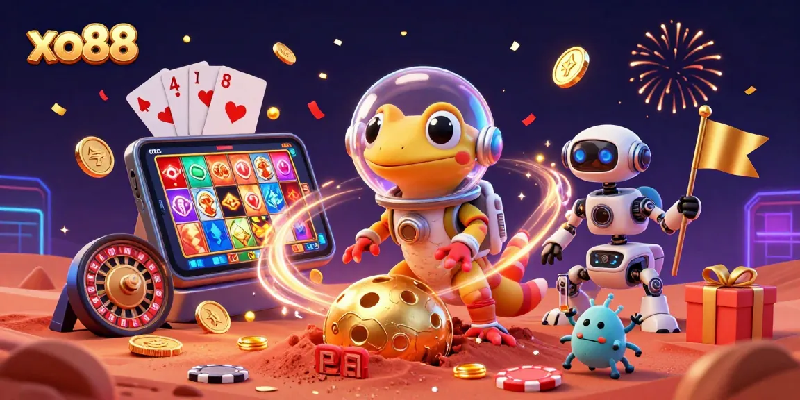 Engage with xo88 in a vibrant 3D scene showcasing alien excitement and casino treasures.