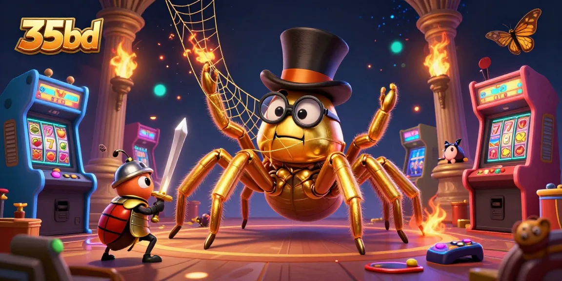 Play and win at 35bd with a vibrant casino scene featuring a golden tarantula and beetle knight.