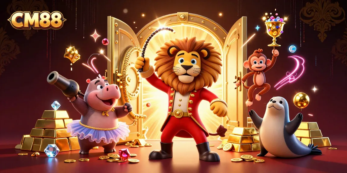 Experience the thrill of betting with CM88's vibrant scene featuring a dazzling 3D circus theme and casino treasures.