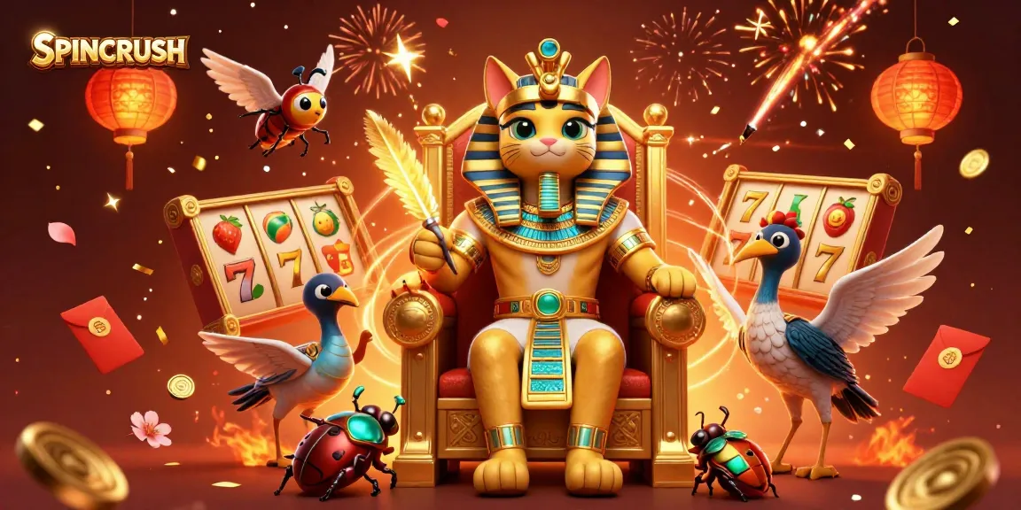 Join the excitement with SPINCRUSH as you spin slot reels, winning jackpot rewards in a vibrant scene.
