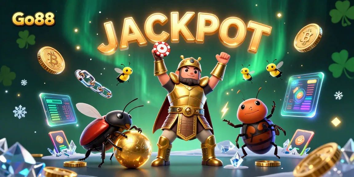 Experience Go88's thrilling casino world with vibrant beetles, poker chips, and glowing cryptocurrencies.