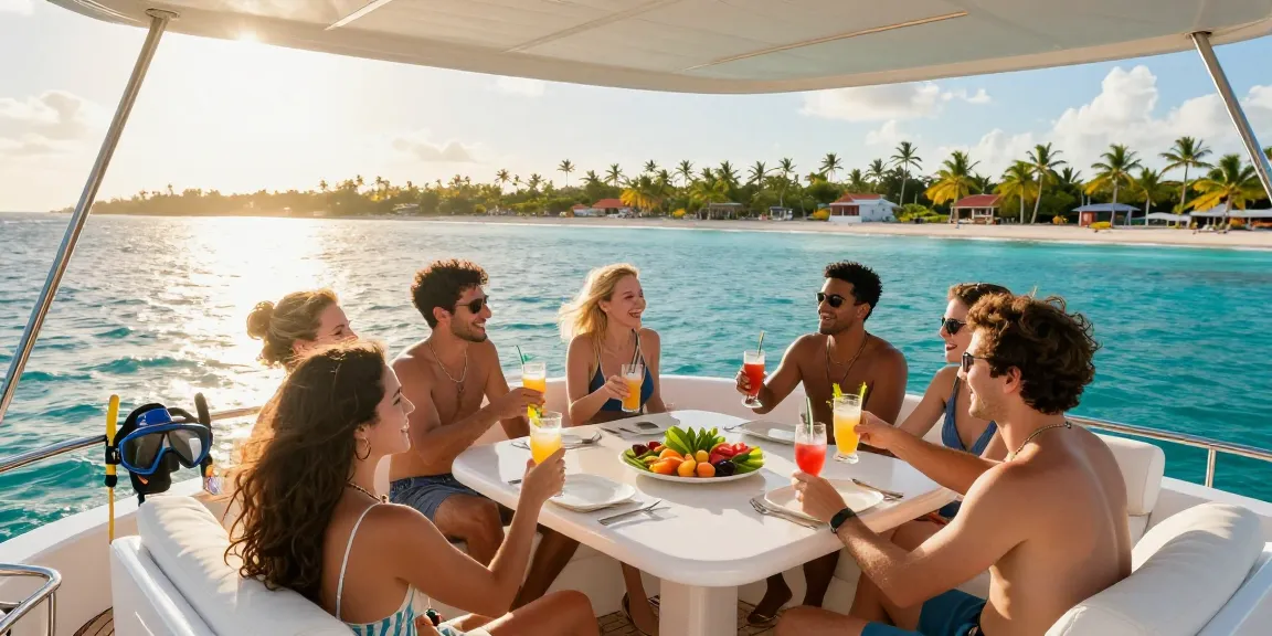Boat rental Punta Cana experience with friends enjoying a private yacht charter under bright sun on turquoise waters.