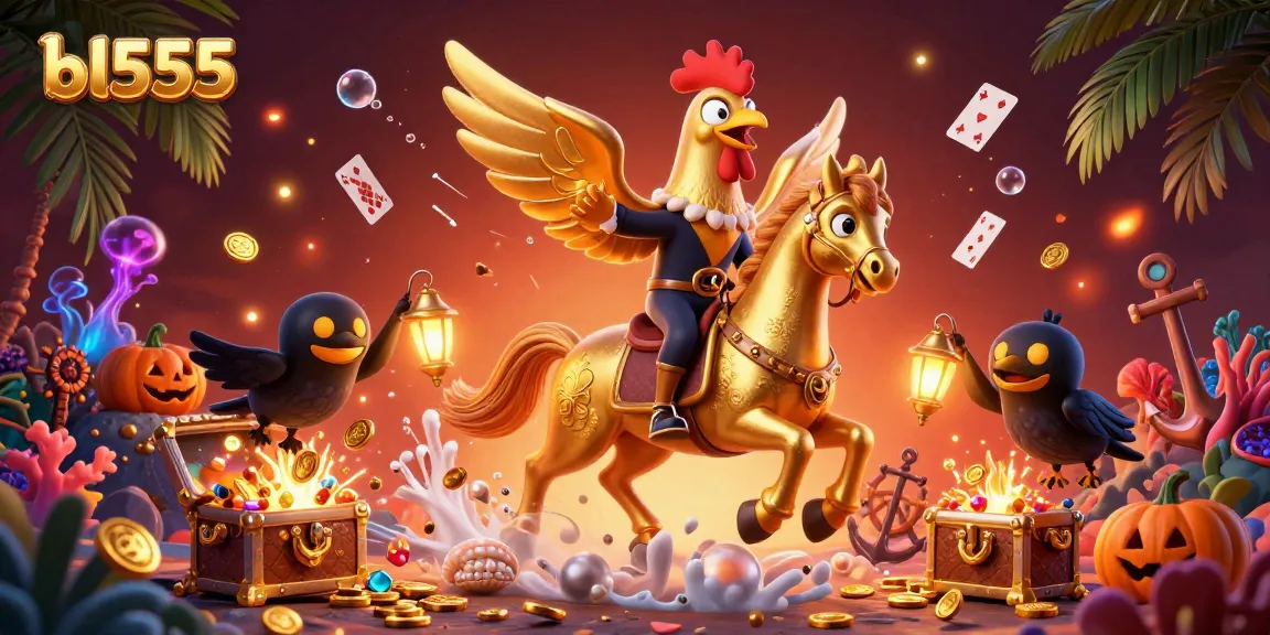 Engage with bl555's vibrant gaming world featuring a golden rooster and comrades in a mystical casino.