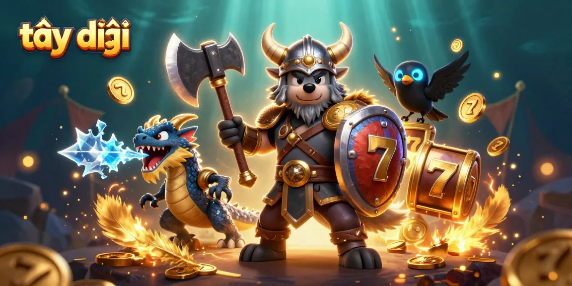 Experience thrilling wins at tại đây with a fierce Viking wolf warrior battling for jackpot treasures amid vibrant casino elements.