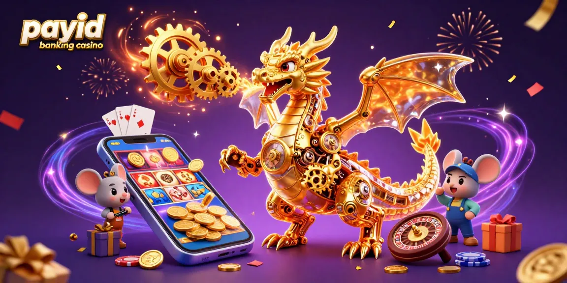 Play and win at payid banking casino with a golden dragon and dynamic game elements.