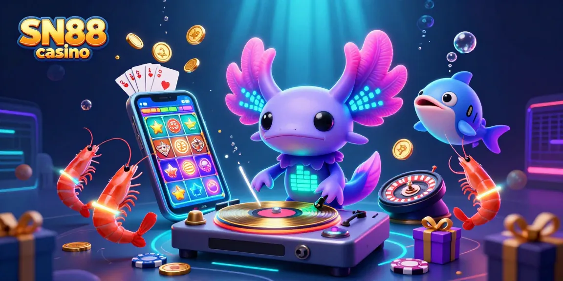 Engaging scene with axolotl DJ at SN88 casino, vibrant underwater turntables, and lively gaming elements.