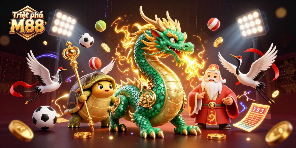 Triệt phá M88 showcases vibrant 3D dragon illustration amidst dynamic sports elements, symbolizing exciting gambling.