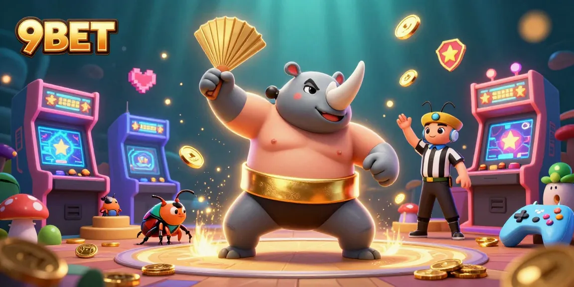 Engage with 9BET's dynamic casino scene featuring a rhinoceros beetle champion amid flying coins and arcade elements.