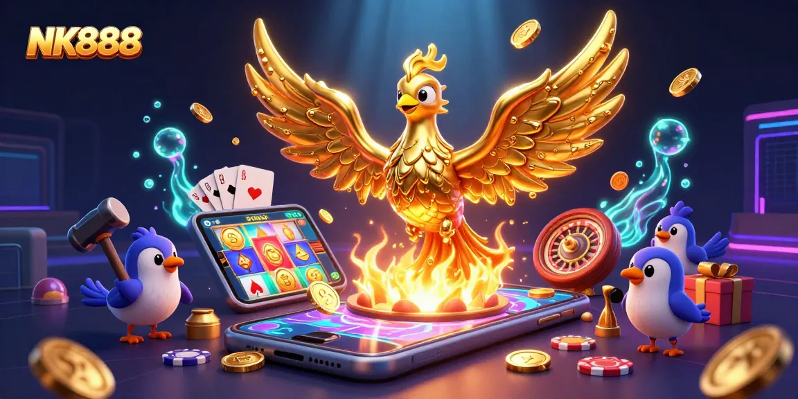 Experience winning with NK888: dynamic golden phoenix and gambling elements in an immersive 3D casino scene.