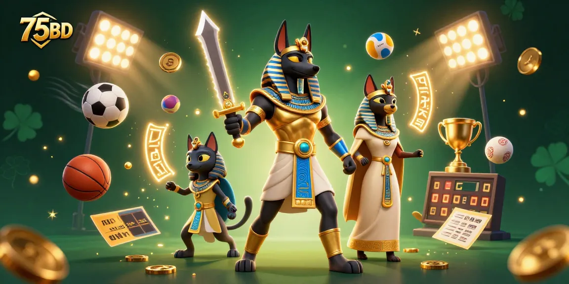 75BD promotes exciting sports betting action with Anubis and Bastet in an energetic casino setting.