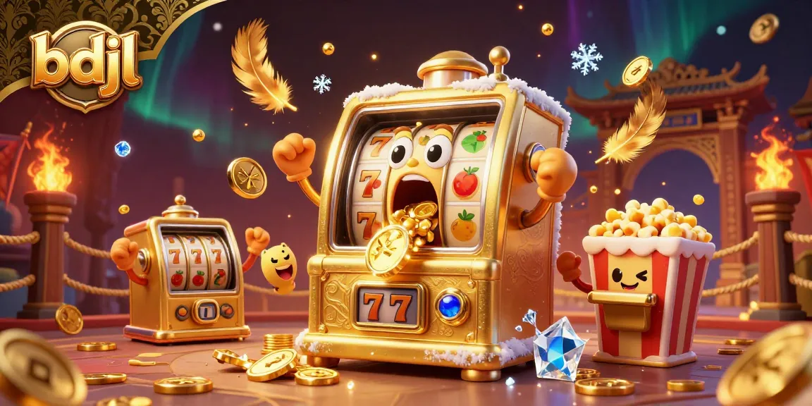 Spin the bdjl slot machine as it hits the jackpot, surrounded by golden coins and cheering characters.