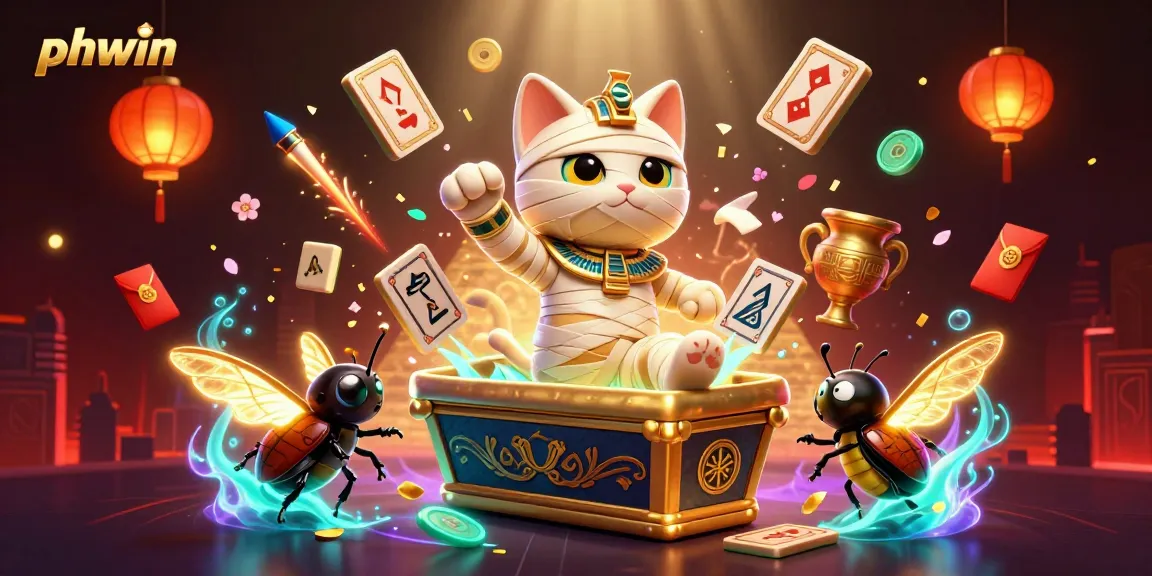 Experience thrilling phwin action with a mummy cat and glowing scarab in an exciting casino scene.