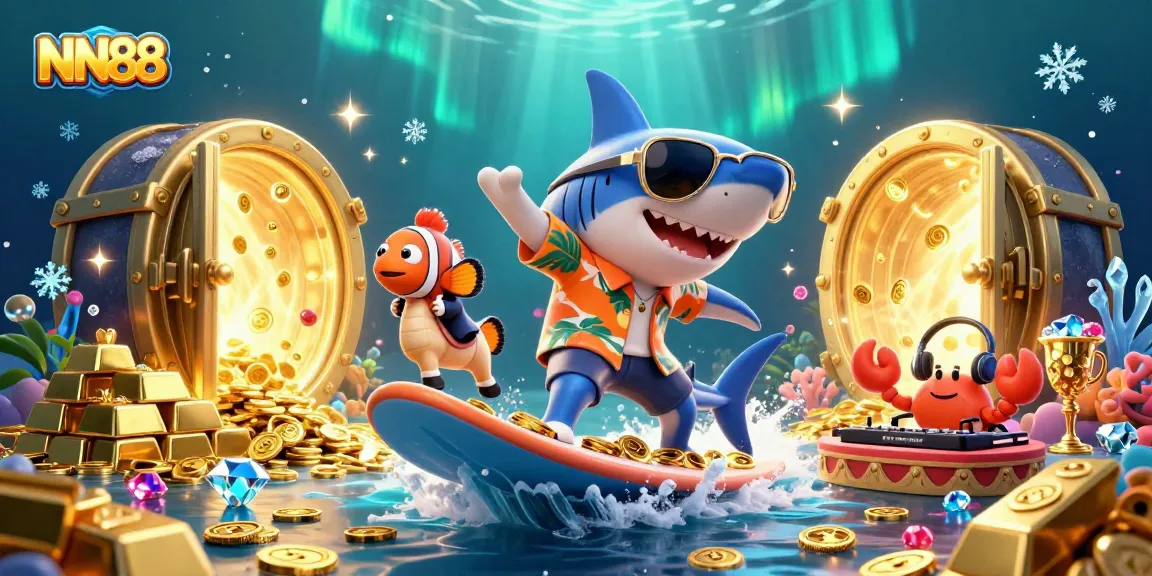 Experience vibrant casino excitement at NN88 featuring a shark, clownfish, and crab DJ amidst gold treasures.