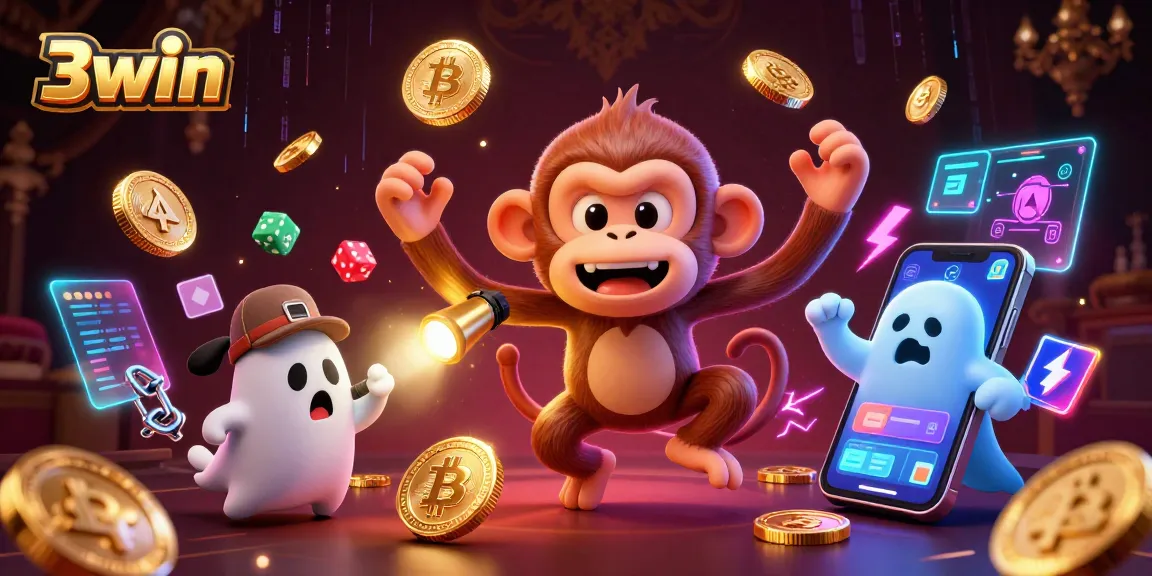 Engage with 3win's vibrant haunted casino scene featuring a playful monkey juggling gold elements.