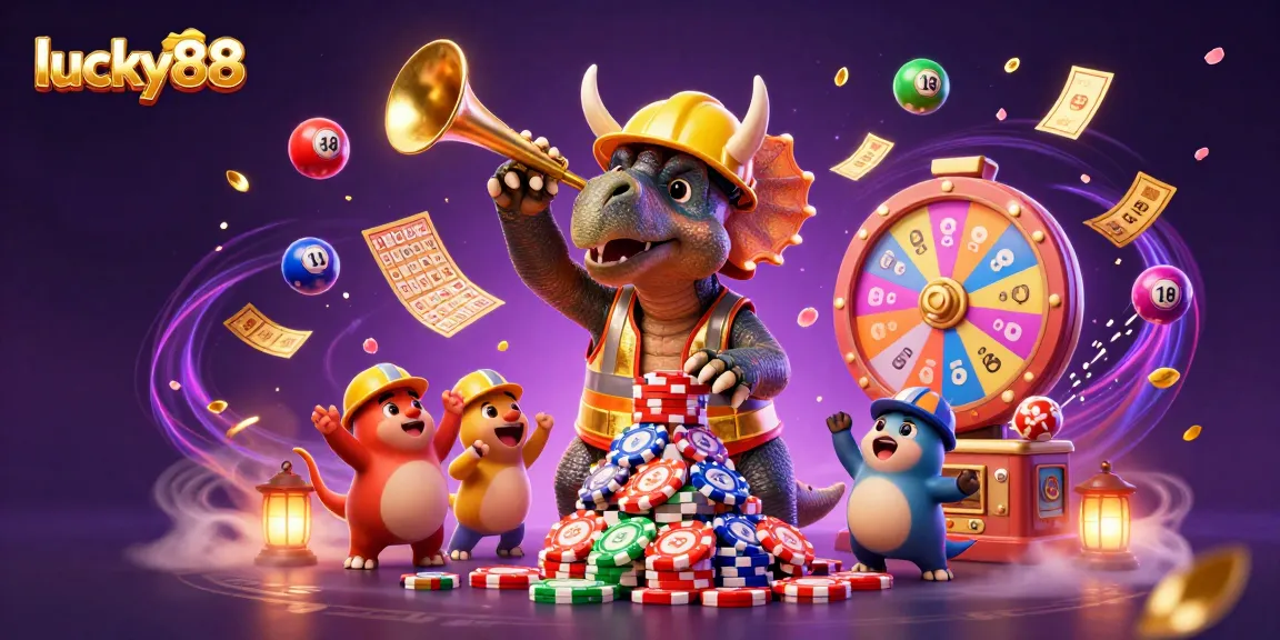 Celebrate big wins at lucky88 with vibrant lottery balls and animated characters in joyful casino scene.