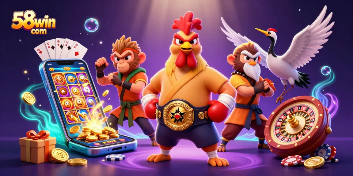 Experience the thrill at 58win com with engaging cartoon characters and vibrant casino elements.