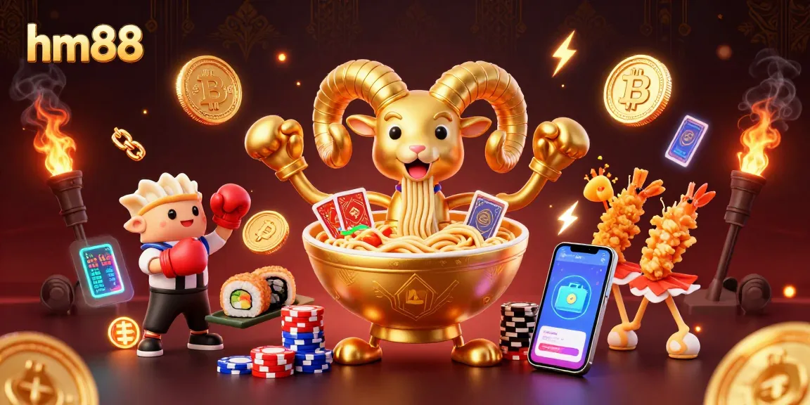Engage with the vibrant hm88 cartoon scene showcasing a golden ramen bowl dealer amidst a packed casino atmosphere.