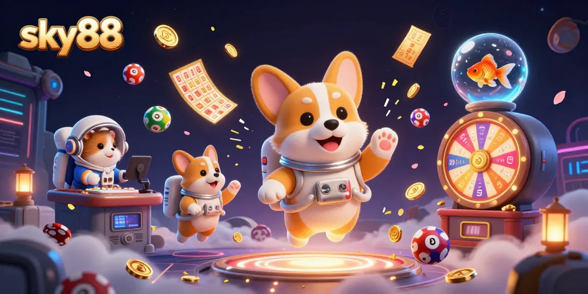 sky88 casino scene with a corgi astronaut, floating poker chips, and vibrant lottery elements