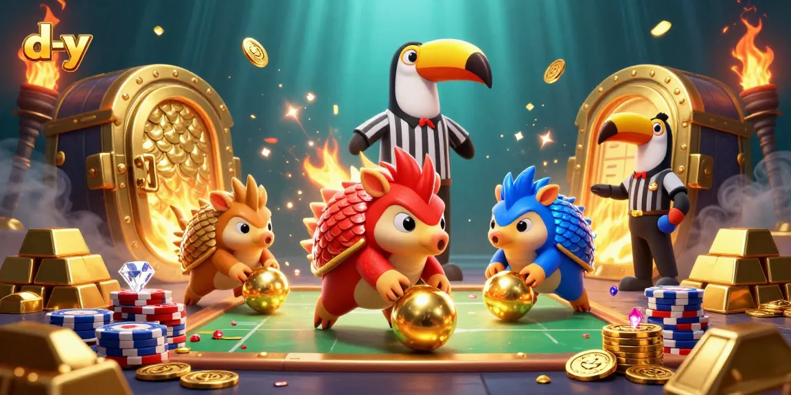 Engage in d-y's vibrant casino challenges with pangolins, chips, and treasure in a dynamic scene.