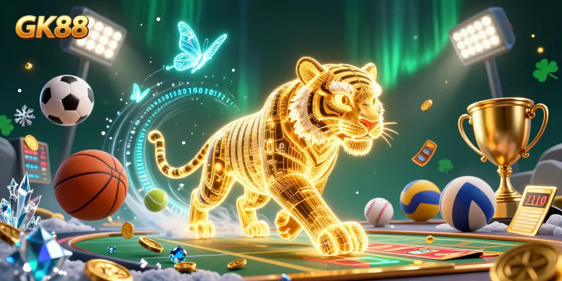GK88 showcases an energetic digital casino scene featuring a golden tiger and sports elements.