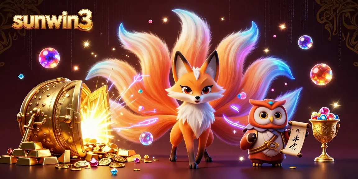 Experience thrilling gameplay at sunwin3 with vibrant 3D illustration of a fox spirit and owl sage amidst treasures.