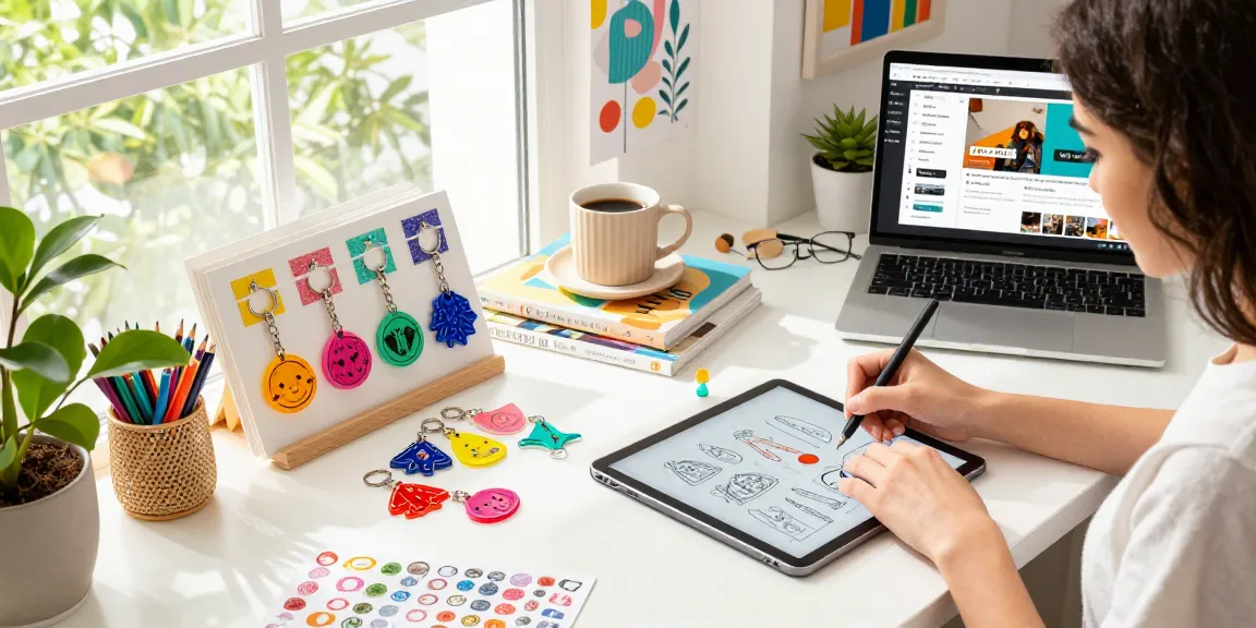 Creative workspace filled with custom keychains and design tools, showcasing vibrant colors and artistic inspiration.