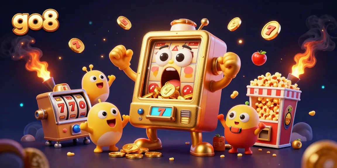 Experience excitement with the go8 jackpot slot machine pouring coins and cheering characters.