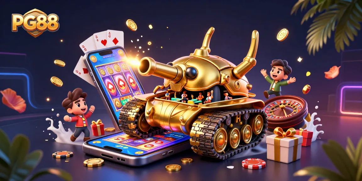 Experience the excitement of PG88's online casino with vibrant games, golden coins, and dynamic characters.