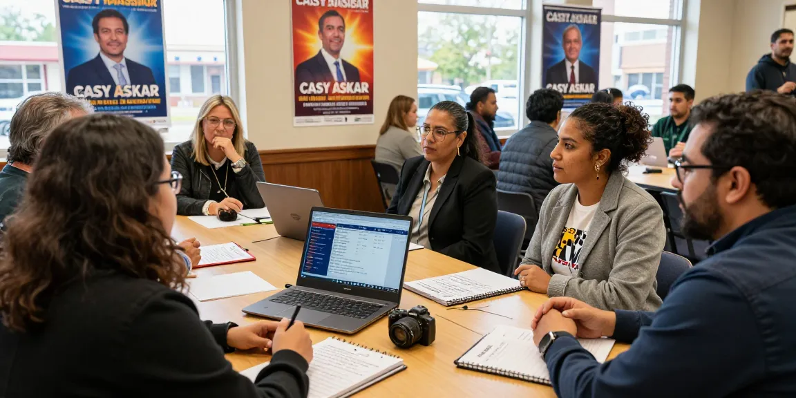 Engaged citizens discussing local issues with Casey Askar campaign materials in the background.
