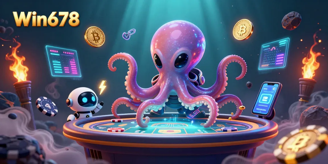 Engage with Win678's thrilling live casino experience featuring vibrant 3D graphics and crypto elements.