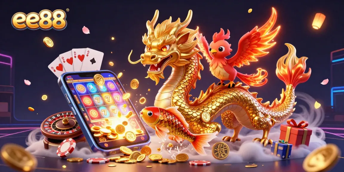 Engage with ee88 online gaming featuring a vibrant 3D casino scene with a dragon, phoenix, and coins.