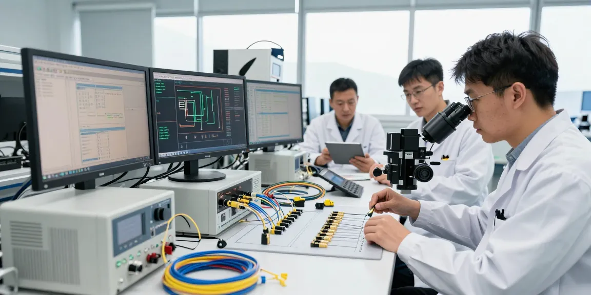 Engineers working with lc connectors and fiber optic cables in a high-tech lab.